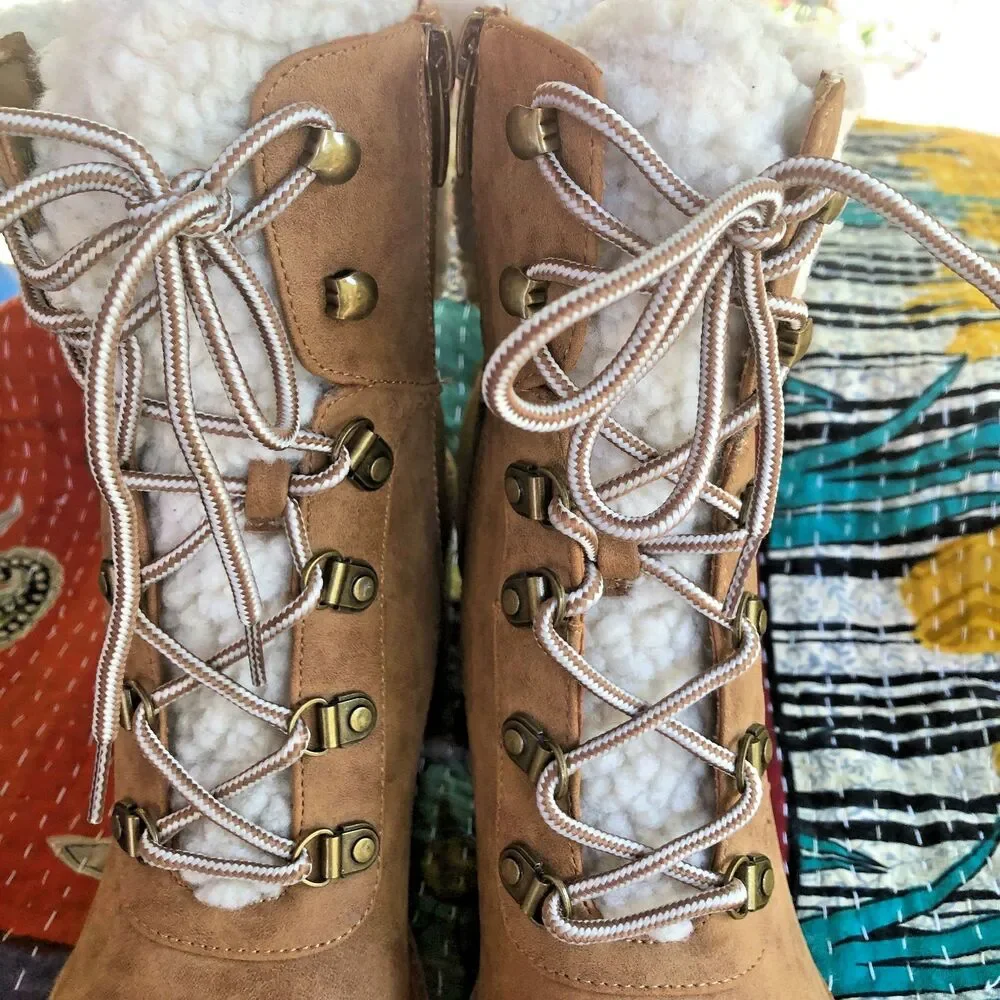 Nine West Women's Brown Faux Fur Lace Up Booties Block Heel Side Zip 8.5M